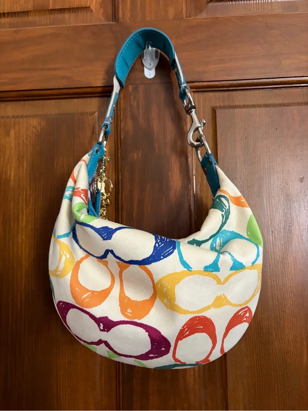 Coach Multicolor Canvas Shoulder Bag with Teal Trim
